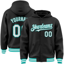 Load image into Gallery viewer, Custom Black White-Aqua Bomber Full-Snap Varsity Letterman Hoodie Jacket