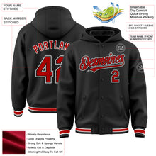 Load image into Gallery viewer, Custom Black Red-White Bomber Full-Snap Varsity Letterman Hoodie Jacket