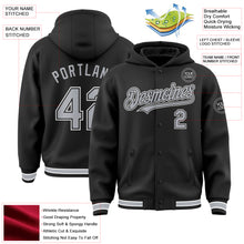 Load image into Gallery viewer, Custom Black Gray-White Bomber Full-Snap Varsity Letterman Hoodie Jacket