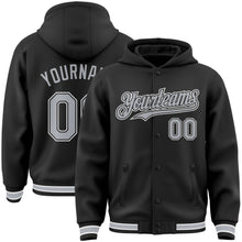 Load image into Gallery viewer, Custom Black Gray-White Bomber Full-Snap Varsity Letterman Hoodie Jacket