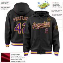 Load image into Gallery viewer, Custom Black Purple-Gold Bomber Full-Snap Varsity Letterman Hoodie Jacket