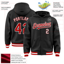 Load image into Gallery viewer, Custom Black Red-White Bomber Full-Snap Varsity Letterman Hoodie Jacket