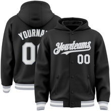 Load image into Gallery viewer, Custom Black White-Gray Bomber Full-Snap Varsity Letterman Hoodie Jacket