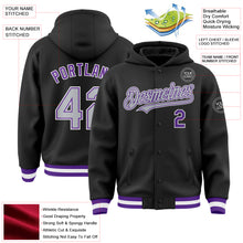 Load image into Gallery viewer, Custom Black Gray-Purple Bomber Full-Snap Varsity Letterman Hoodie Jacket