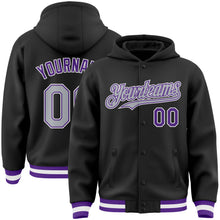 Load image into Gallery viewer, Custom Black Gray-Purple Bomber Full-Snap Varsity Letterman Hoodie Jacket