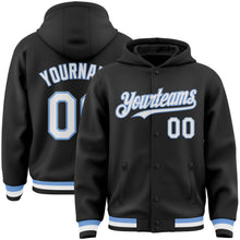 Load image into Gallery viewer, Custom Black White-Light Blue Bomber Full-Snap Varsity Letterman Hoodie Jacket