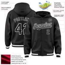 Load image into Gallery viewer, Custom Black White Bomber Full-Snap Varsity Letterman Hoodie Jacket