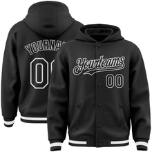 Load image into Gallery viewer, Custom Black White Bomber Full-Snap Varsity Letterman Hoodie Jacket