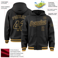 Load image into Gallery viewer, Custom Black Old Gold Bomber Full-Snap Varsity Letterman Hoodie Jacket