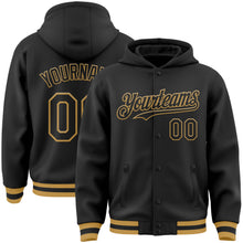 Load image into Gallery viewer, Custom Black Old Gold Bomber Full-Snap Varsity Letterman Hoodie Jacket
