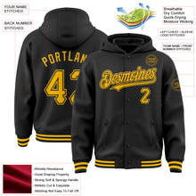 Load image into Gallery viewer, Custom Black Gold Bomber Full-Snap Varsity Letterman Hoodie Jacket