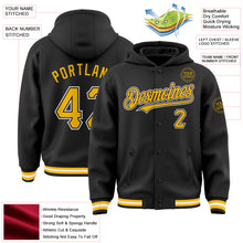 Load image into Gallery viewer, Custom Black Gold-White Bomber Full-Snap Varsity Letterman Hoodie Jacket
