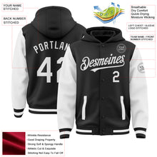 Load image into Gallery viewer, Custom Black White Bomber Full-Snap Varsity Letterman Two Tone Hoodie Jacket