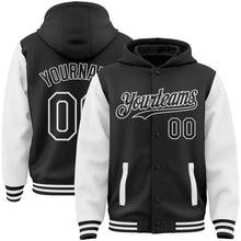 Load image into Gallery viewer, Custom Black White Bomber Full-Snap Varsity Letterman Two Tone Hoodie Jacket