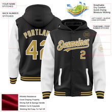 Load image into Gallery viewer, Custom Black Old Gold-White Bomber Full-Snap Varsity Letterman Two Tone Hoodie Jacket