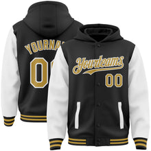 Load image into Gallery viewer, Custom Black Old Gold-White Bomber Full-Snap Varsity Letterman Two Tone Hoodie Jacket