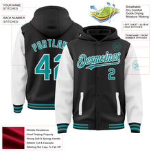 Load image into Gallery viewer, Custom Black Teal-White Bomber Full-Snap Varsity Letterman Two Tone Hoodie Jacket