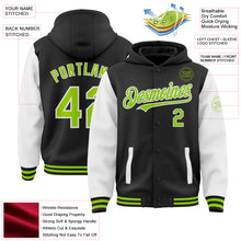 Load image into Gallery viewer, Custom Black Neon Green-White Bomber Full-Snap Varsity Letterman Two Tone Hoodie Jacket
