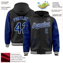 Load image into Gallery viewer, Custom Black Royal-White Bomber Full-Snap Varsity Letterman Two Tone Hoodie Jacket