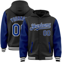 Load image into Gallery viewer, Custom Black Royal-White Bomber Full-Snap Varsity Letterman Two Tone Hoodie Jacket