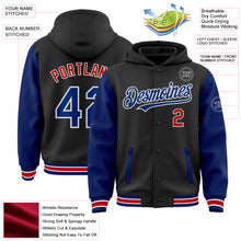 Load image into Gallery viewer, Custom Black Royal-Red Bomber Full-Snap Varsity Letterman Two Tone Hoodie Jacket