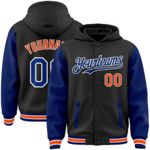 Load image into Gallery viewer, Custom Black Royal-Orange Bomber Full-Snap Varsity Letterman Two Tone Hoodie Jacket