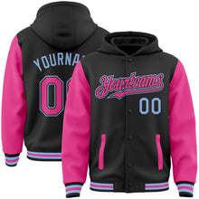 Load image into Gallery viewer, Custom Black Pink-Light Blue Bomber Full-Snap Varsity Letterman Two Tone Hoodie Jacket