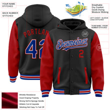Load image into Gallery viewer, Custom Black Royal-Red Bomber Full-Snap Varsity Letterman Two Tone Hoodie Jacket