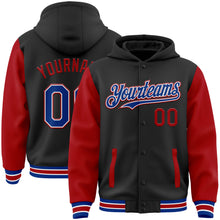Load image into Gallery viewer, Custom Black Royal-Red Bomber Full-Snap Varsity Letterman Two Tone Hoodie Jacket