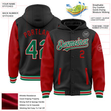 Load image into Gallery viewer, Custom Black Kelly Green-Red Bomber Full-Snap Varsity Letterman Two Tone Hoodie Jacket
