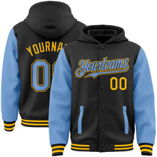 Load image into Gallery viewer, Custom Black Light Blue-Gold Bomber Full-Snap Varsity Letterman Two Tone Hoodie Jacket