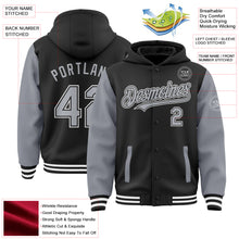 Load image into Gallery viewer, Custom Black Gray-White Bomber Full-Snap Varsity Letterman Two Tone Hoodie Jacket