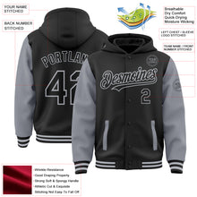 Load image into Gallery viewer, Custom Black Gray Bomber Full-Snap Varsity Letterman Two Tone Hoodie Jacket