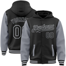 Load image into Gallery viewer, Custom Black Gray Bomber Full-Snap Varsity Letterman Two Tone Hoodie Jacket