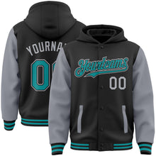 Load image into Gallery viewer, Custom Black Teal-Gray Bomber Full-Snap Varsity Letterman Two Tone Hoodie Jacket