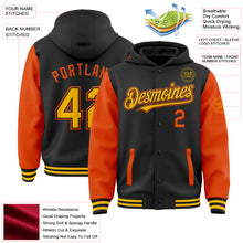 Load image into Gallery viewer, Custom Black Gold-Orange Bomber Full-Snap Varsity Letterman Two Tone Hoodie Jacket