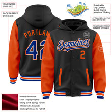 Load image into Gallery viewer, Custom Black Royal-Orange Bomber Full-Snap Varsity Letterman Two Tone Hoodie Jacket
