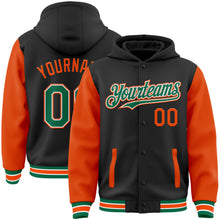 Load image into Gallery viewer, Custom Black Kelly Green-Orange Bomber Full-Snap Varsity Letterman Two Tone Hoodie Jacket