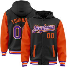 Load image into Gallery viewer, Custom Black Purple-Orange Bomber Full-Snap Varsity Letterman Two Tone Hoodie Jacket