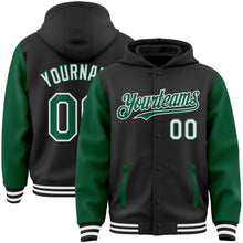 Load image into Gallery viewer, Custom Black Kelly Green-White Bomber Full-Snap Varsity Letterman Two Tone Hoodie Jacket