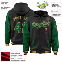 Load image into Gallery viewer, Custom Black Kelly Green-Old Gold Bomber Full-Snap Varsity Letterman Two Tone Hoodie Jacket