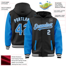 Load image into Gallery viewer, Custom Black Powder Blue-White Bomber Full-Snap Varsity Letterman Two Tone Hoodie Jacket