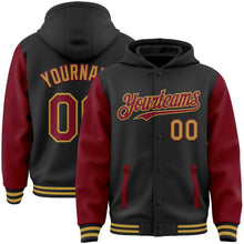 Load image into Gallery viewer, Custom Black Crimson-Old Gold Bomber Full-Snap Varsity Letterman Two Tone Hoodie Jacket