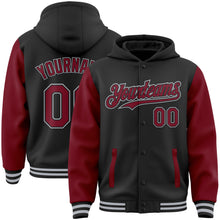 Load image into Gallery viewer, Custom Black Crimson-Gray Bomber Full-Snap Varsity Letterman Two Tone Hoodie Jacket