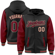 Load image into Gallery viewer, Custom Black Crimson-City Cream Bomber Full-Snap Varsity Letterman Two Tone Hoodie Jacket