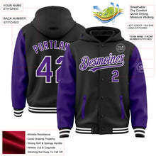 Load image into Gallery viewer, Custom Black Purple-White Bomber Full-Snap Varsity Letterman Two Tone Hoodie Jacket