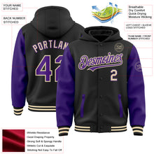 Load image into Gallery viewer, Custom Black Purple-Cream Bomber Full-Snap Varsity Letterman Two Tone Hoodie Jacket