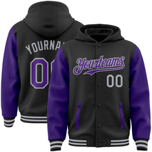 Load image into Gallery viewer, Custom Black Purple-Gray Bomber Full-Snap Varsity Letterman Two Tone Hoodie Jacket
