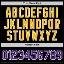 Load image into Gallery viewer, Custom Black Purple-Gold Bomber Full-Snap Varsity Letterman Two Tone Hoodie Jacket