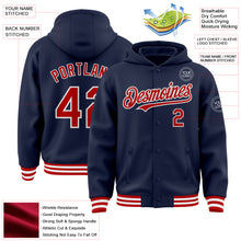 Load image into Gallery viewer, Custom Navy Red-White Bomber Full-Snap Varsity Letterman Hoodie Jacket